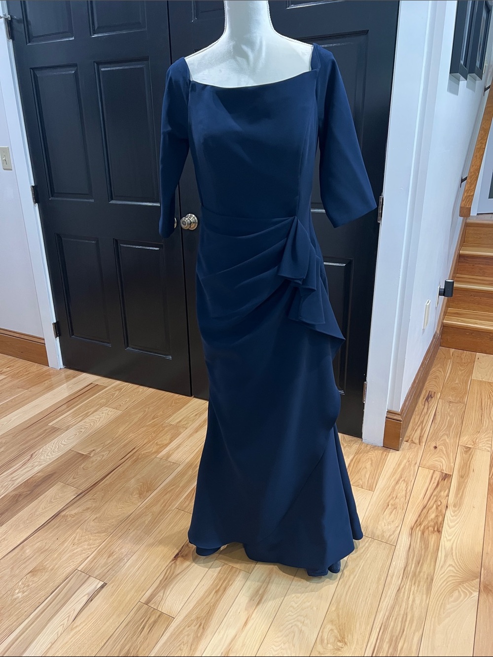 Jovani formal designer gown Elegant Navy Blue Evening Dress with Side Drape.
